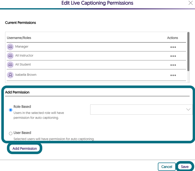 The Edit Auto Captioning Permissions window highlighting the permission selection section, the Add Permission button and the Save button.