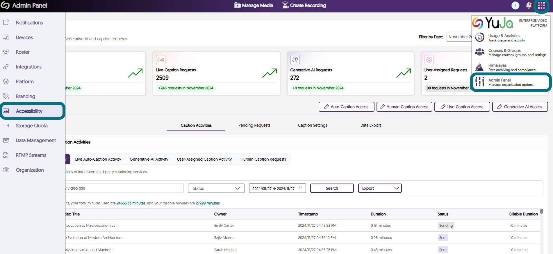 The Admin Panel in the Video Platform highlighting the navigation of Admin Panel in the Main Menu and the Accessibility tab.