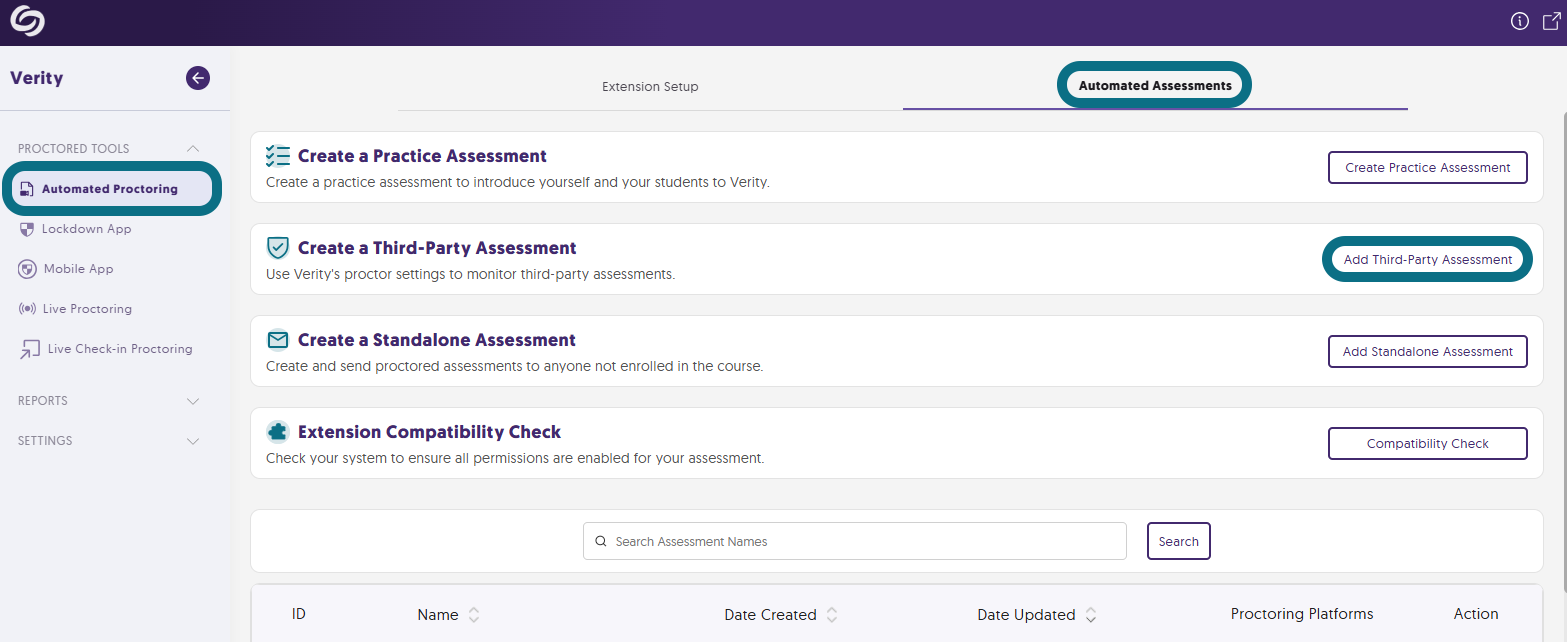 The Automated Proctoring page with the Automated Assessments tab and Add Third-party Assessment button highlighted.