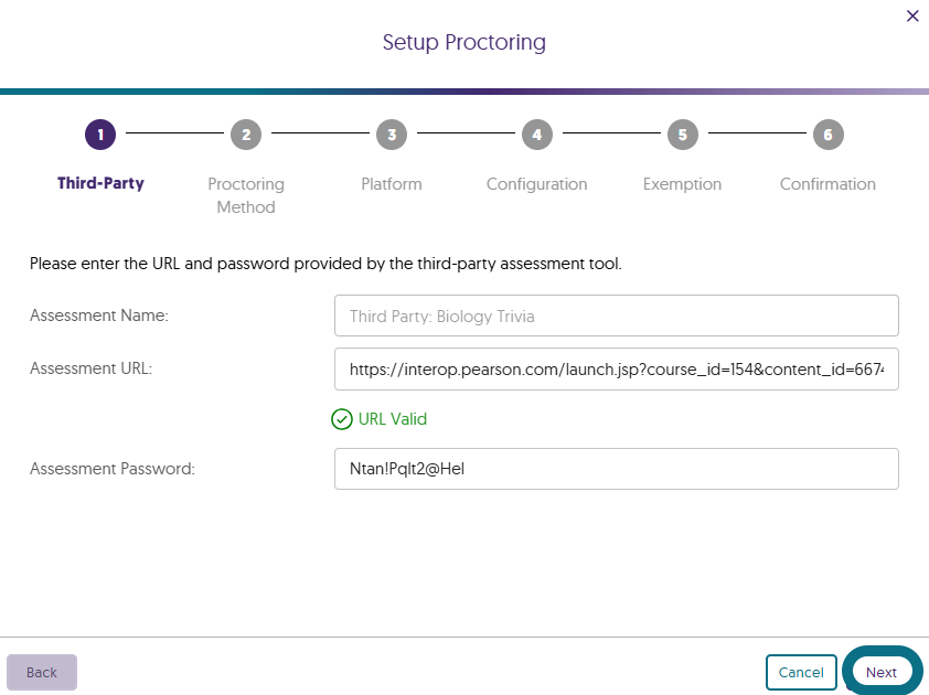 The Third-Party page of proctoring setup in Verity.