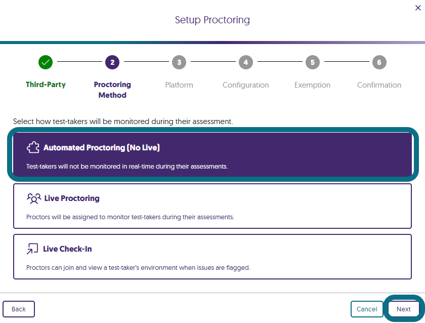 The proctoring method page of proctoring setup in Verity.