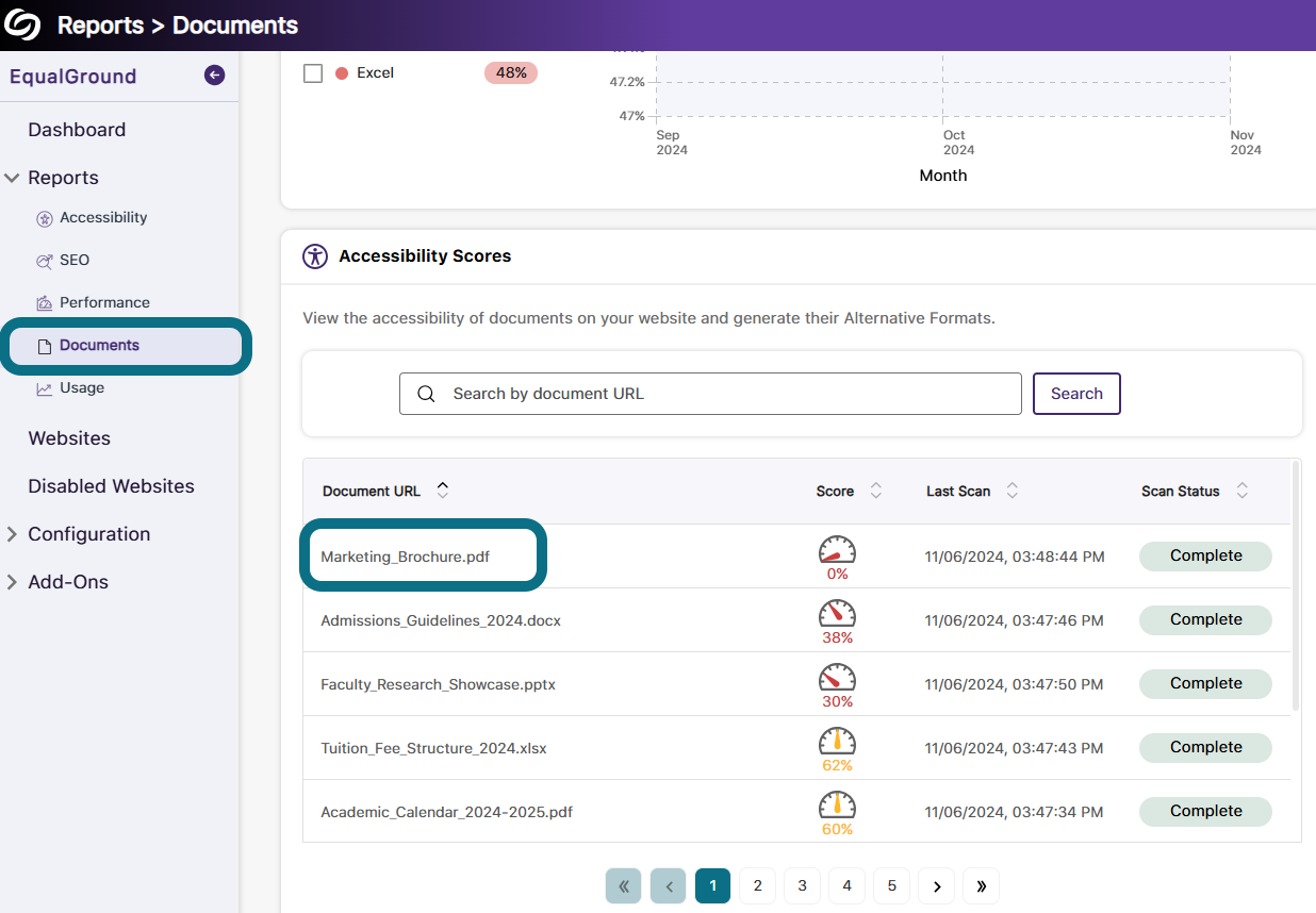 The Document Report page of EqualGround, showing steps to access alternative document formats: first click on 'Documents,' then select the document for an alternative format.
