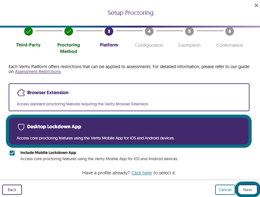 The platform page of proctoring setup in Verity.