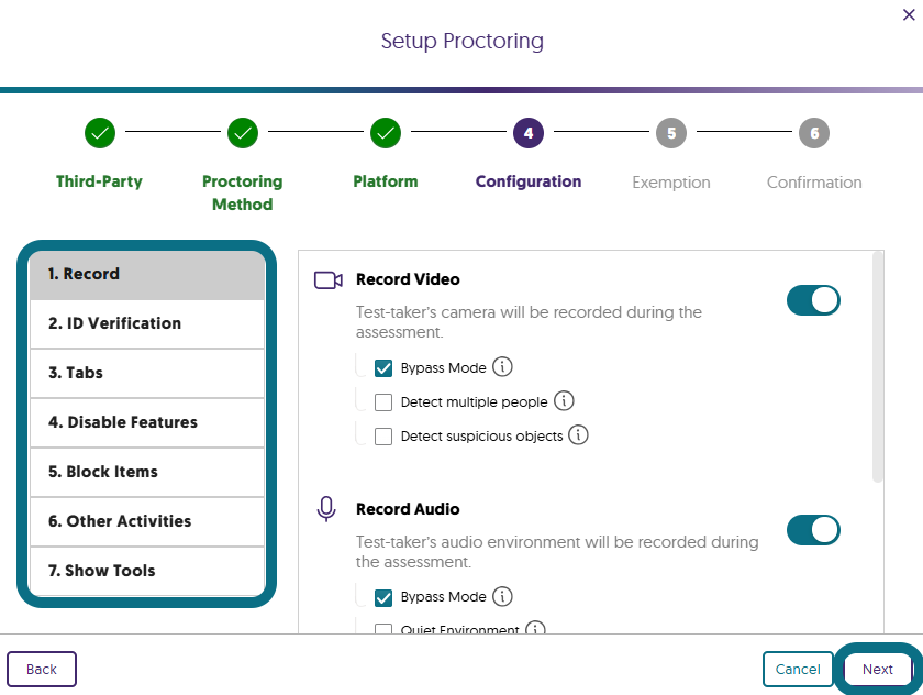 The configuration page of proctoring setup in Verity.