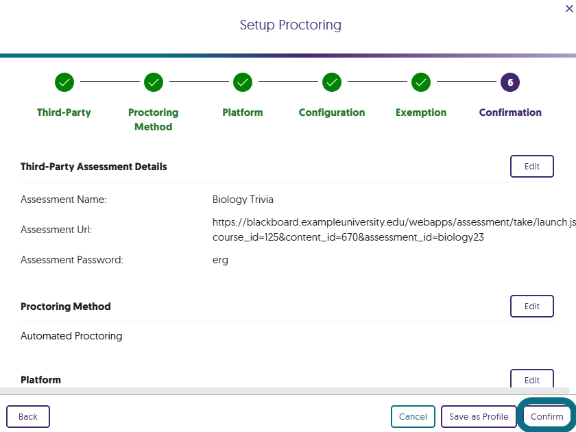 The confirmation page of proctoring setup in Verity.