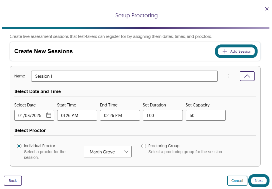 Modal showing the setup for a live session.