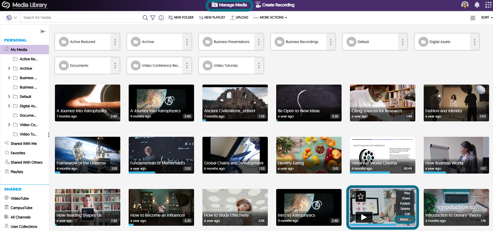 The home page of the Video Platform highlighting the Manage Media button and the More... button when hovering over a video.