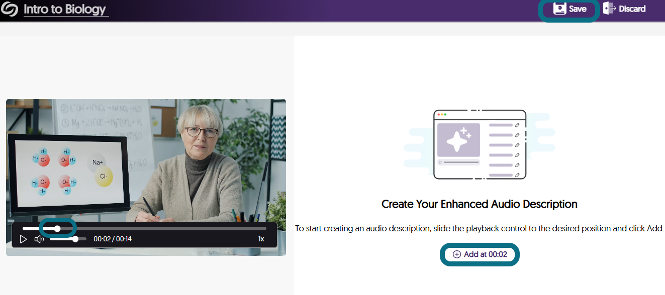 An image showing the creation of Enhanced Audio Description using the built-in editor.