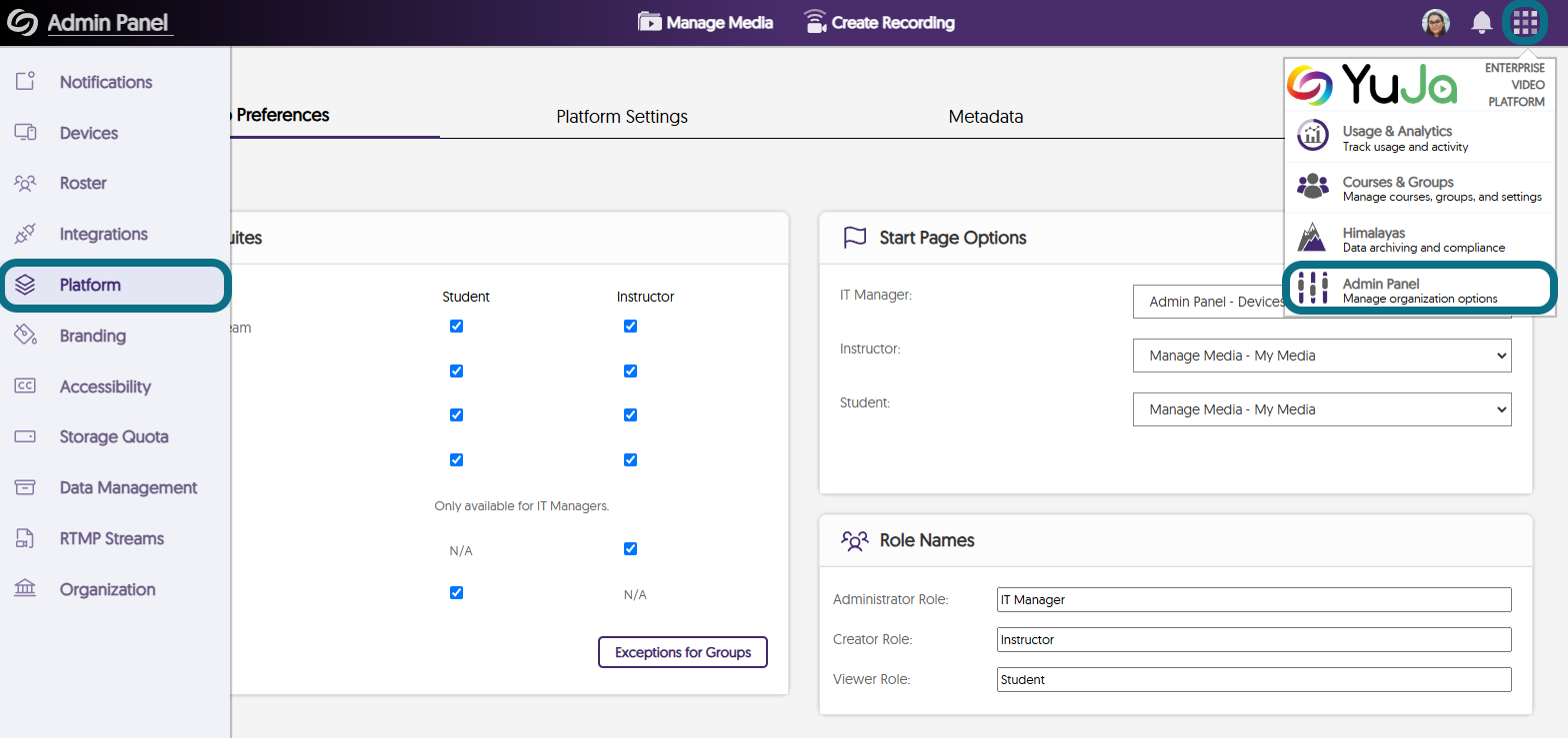 The platform page is shown selected in the admin panel.
