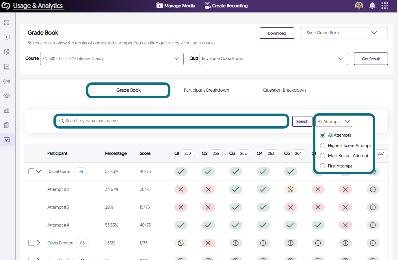 The Grade Book page highlighting the Grade Book tab, search bar, and the filter options.