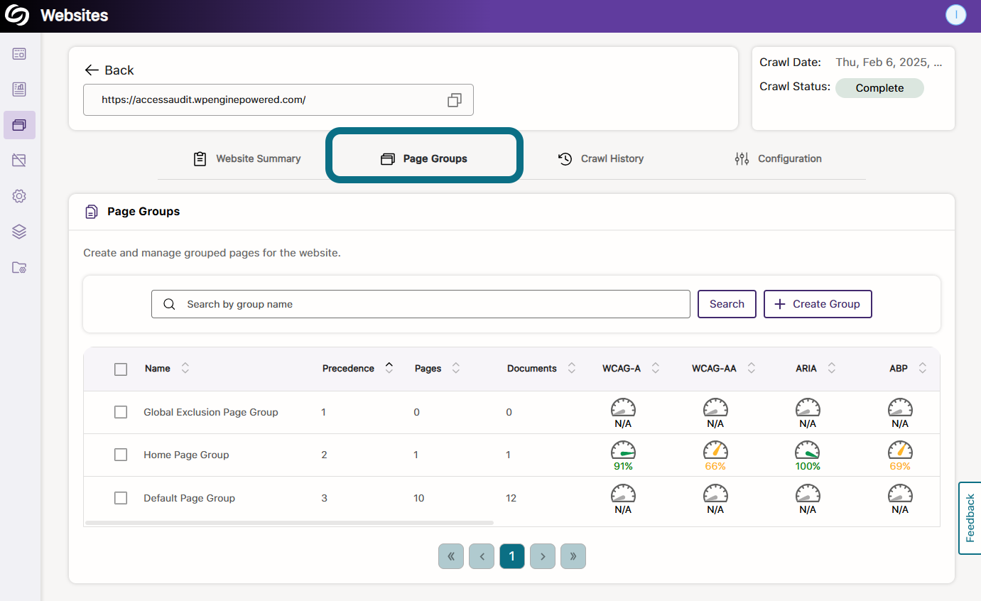 An image of the Website page highlighting the Page Groups tab.