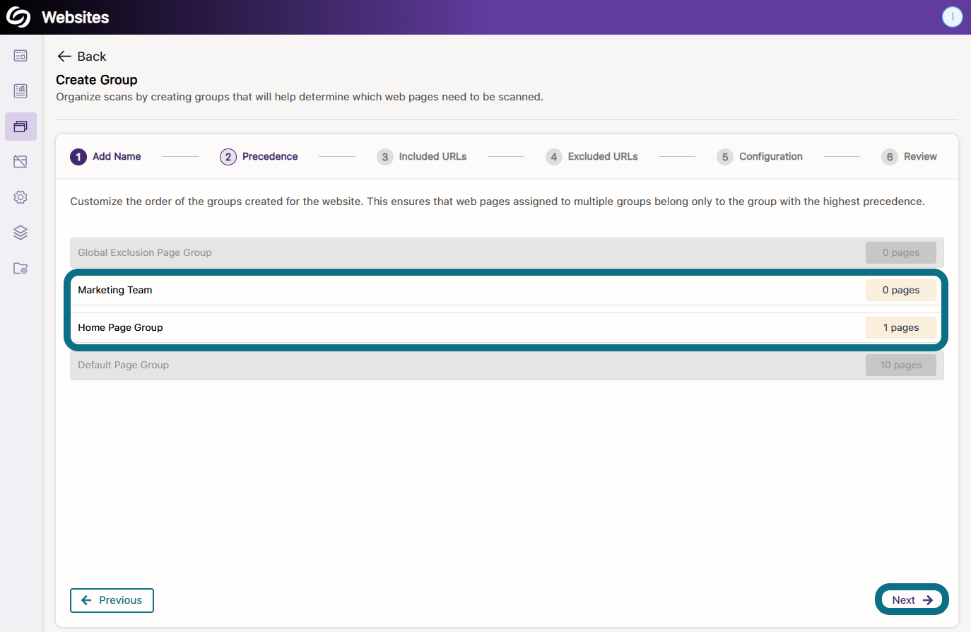 An image of the Create Group page highlighting the precedence order of page group.