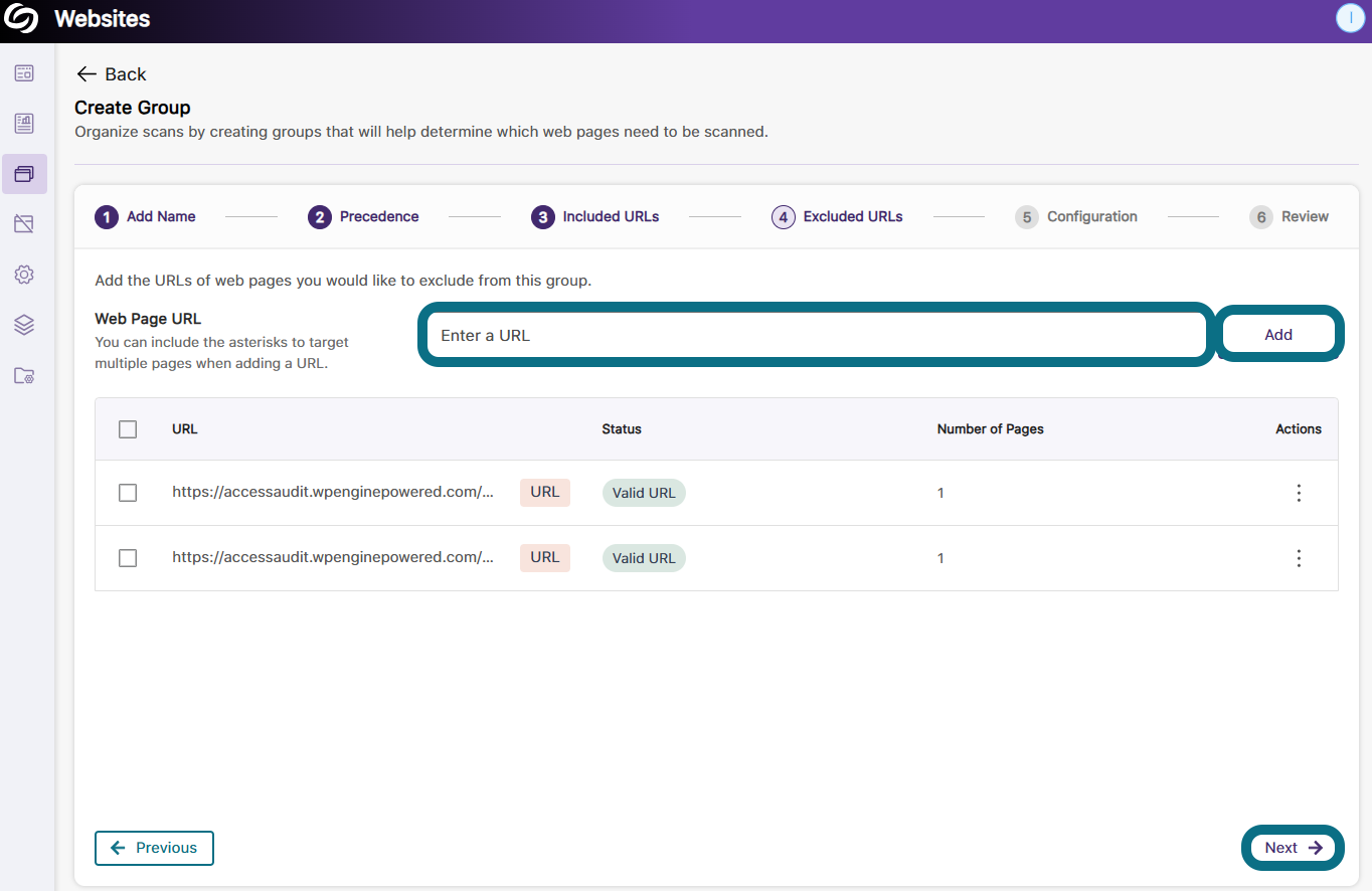 An image of the Create Group page highlighting the excluded Web Page URL field, Add and Next button.