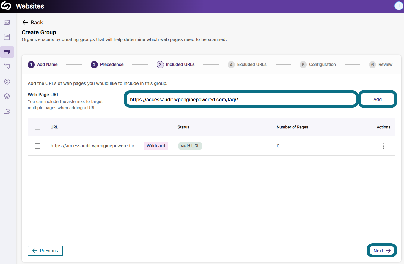 An image of the Create Group page highlighting the included Web Page URL field, Add and Next button.