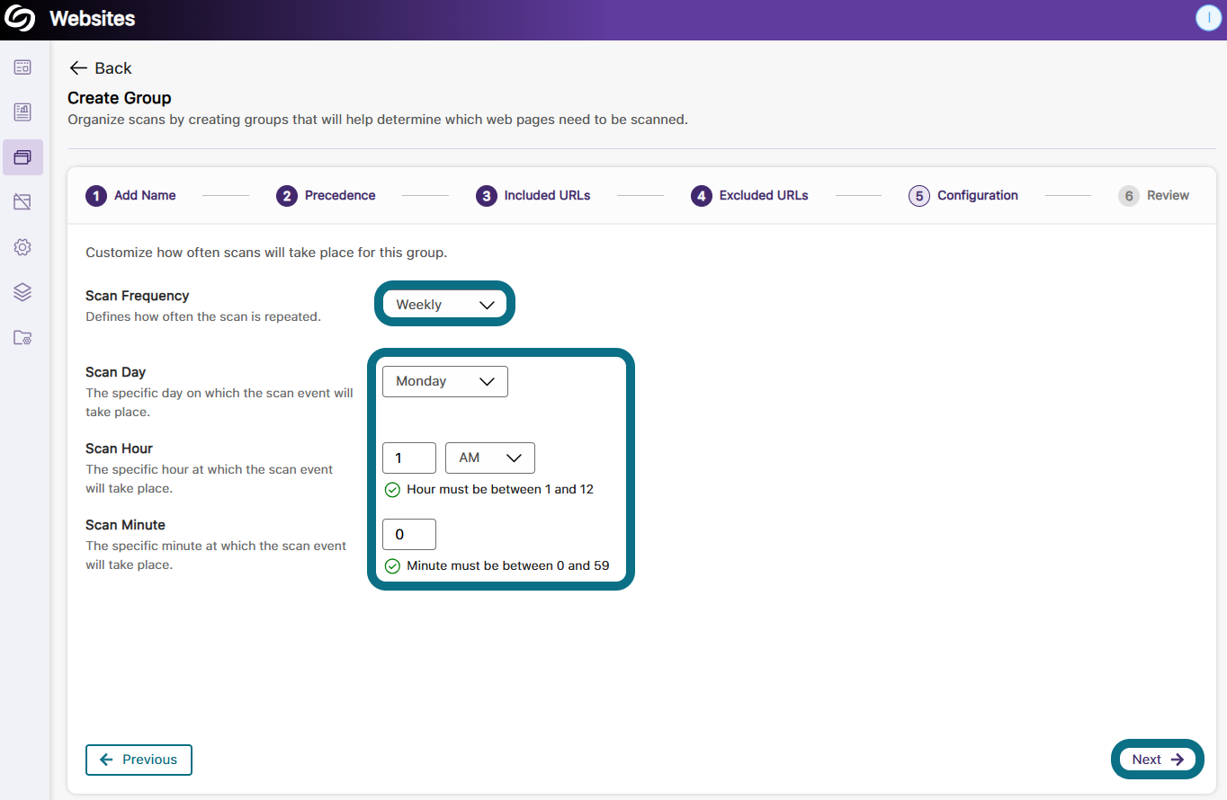 An image of the Create Group page highlighting the Scan Frequency option and the scan details.