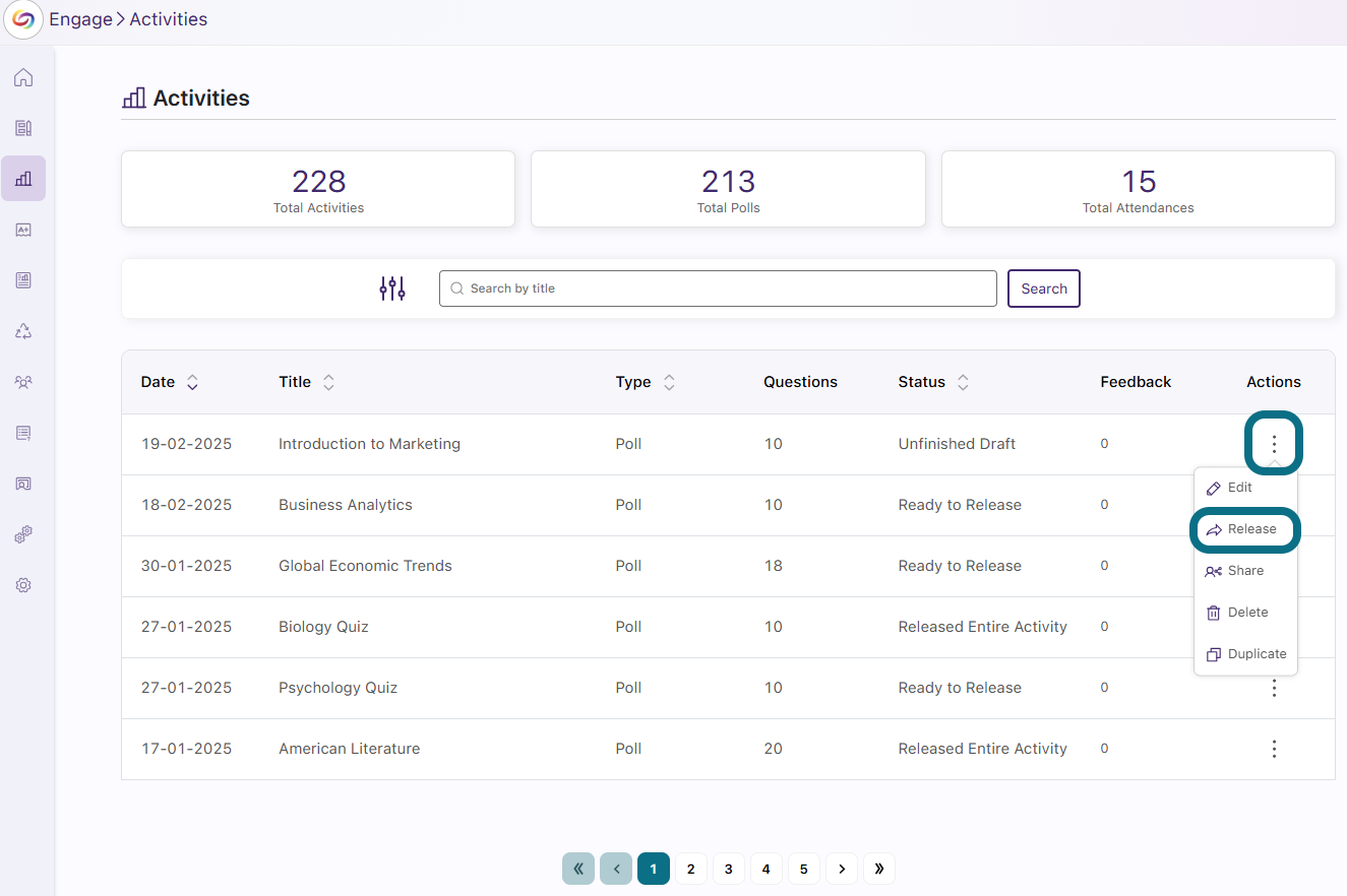The Activity page in Engage highlighting the Actions and Release button.