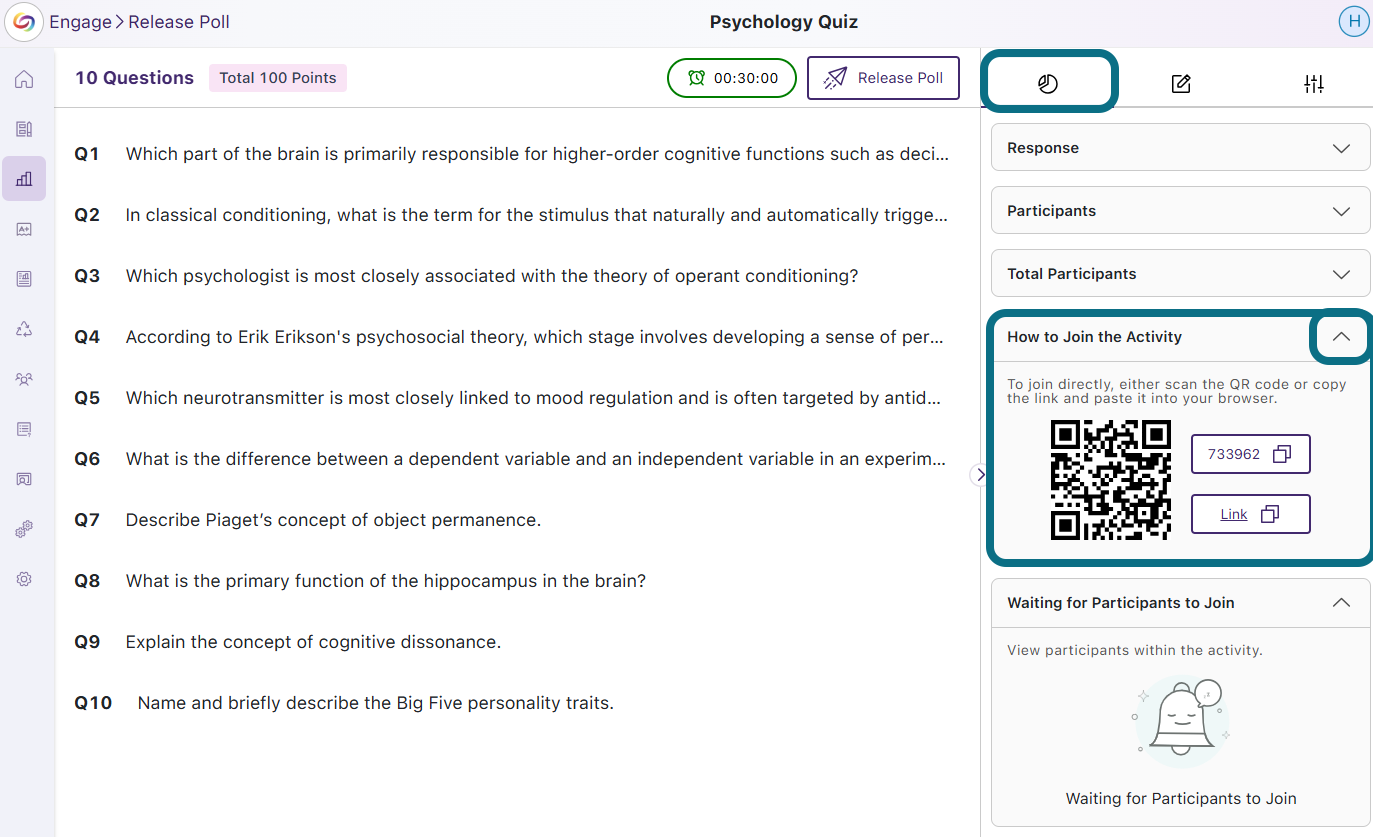 The Poll page in Engage highlighting the Analytics panel and How to Join the Activity drop-down menu.