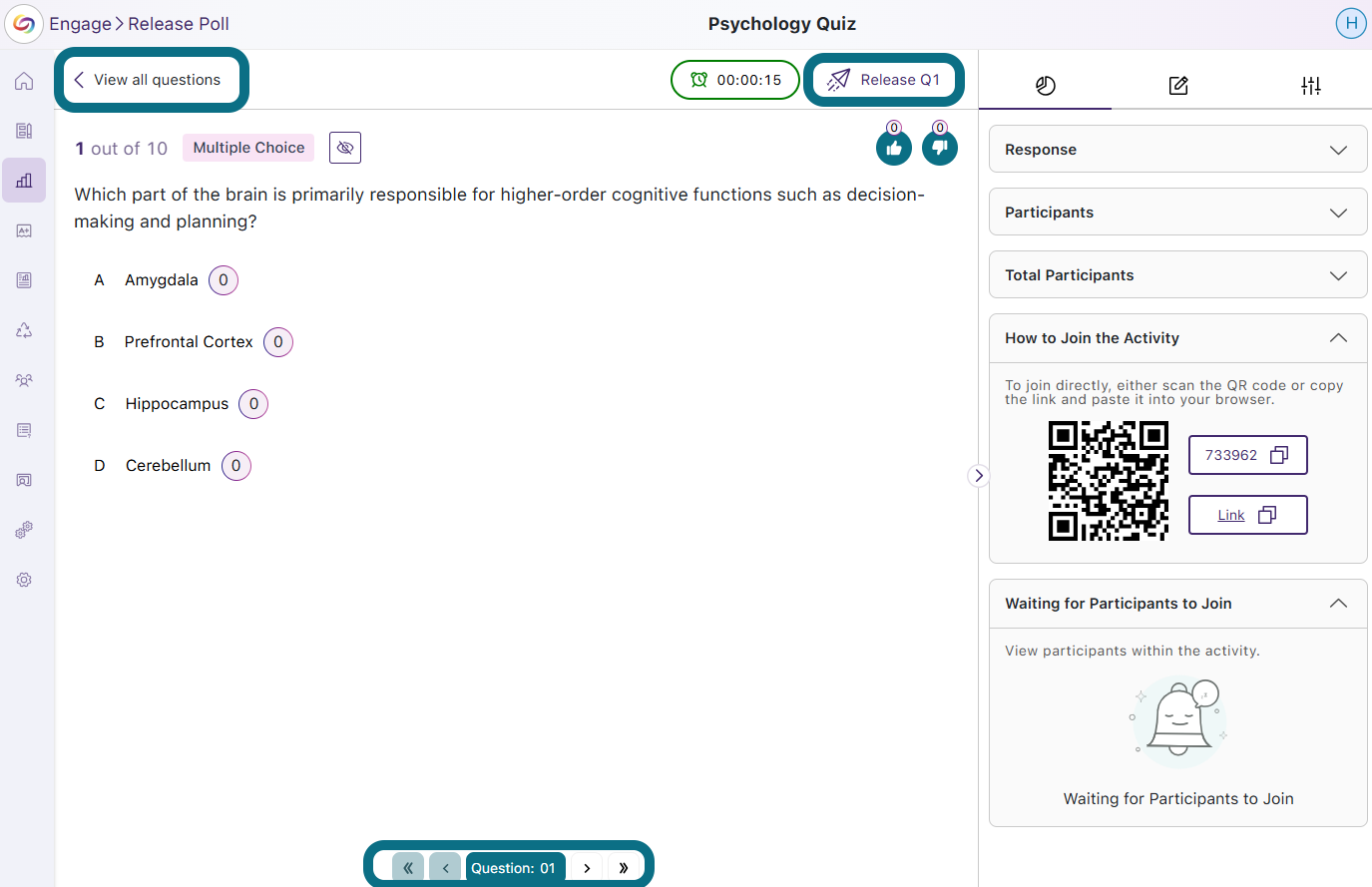 The Poll page in Engage highlighting the Release question button, View all questions button and the navigation bar.