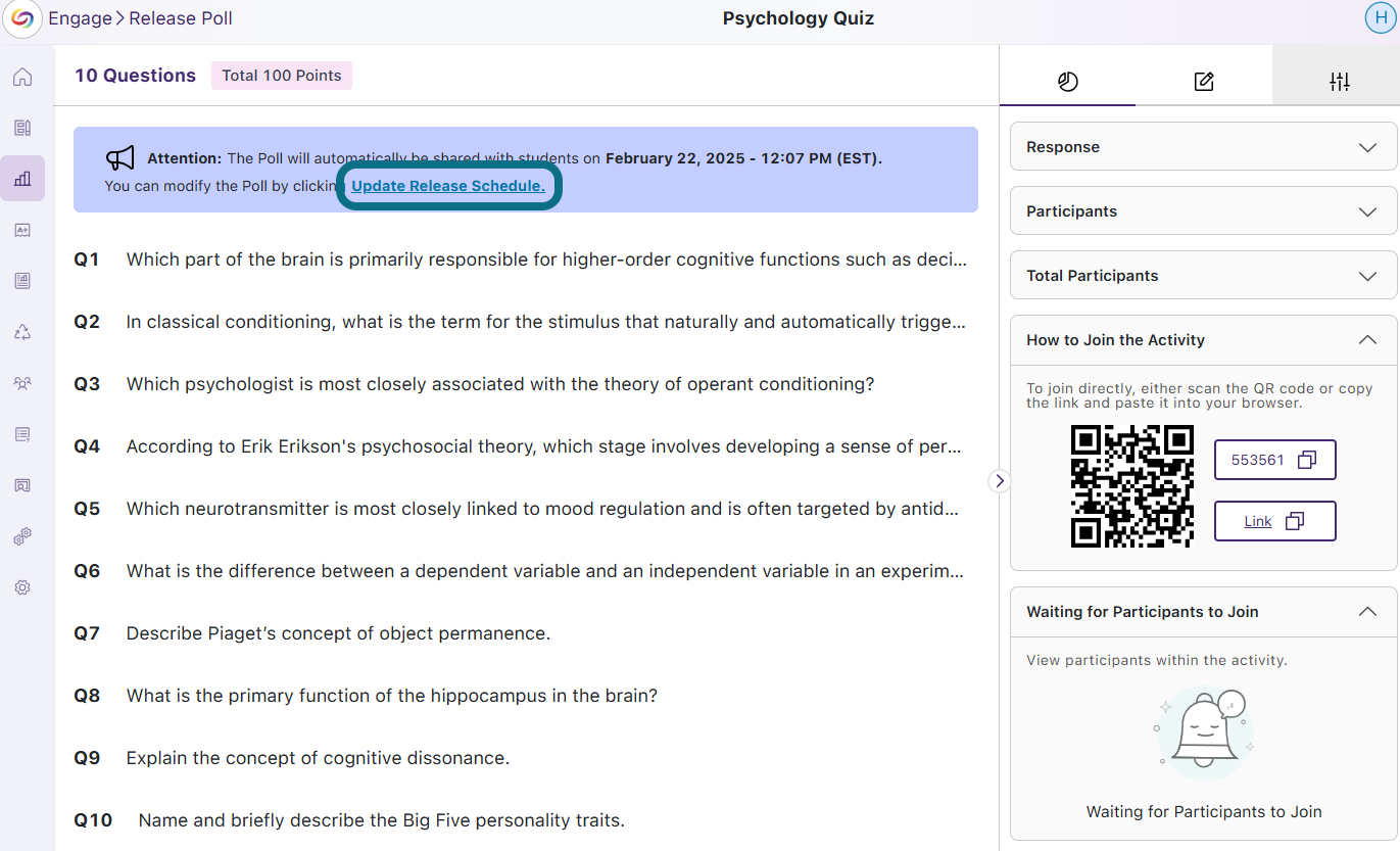The Poll page in Engage highlighting the Update Release Schedule button.
