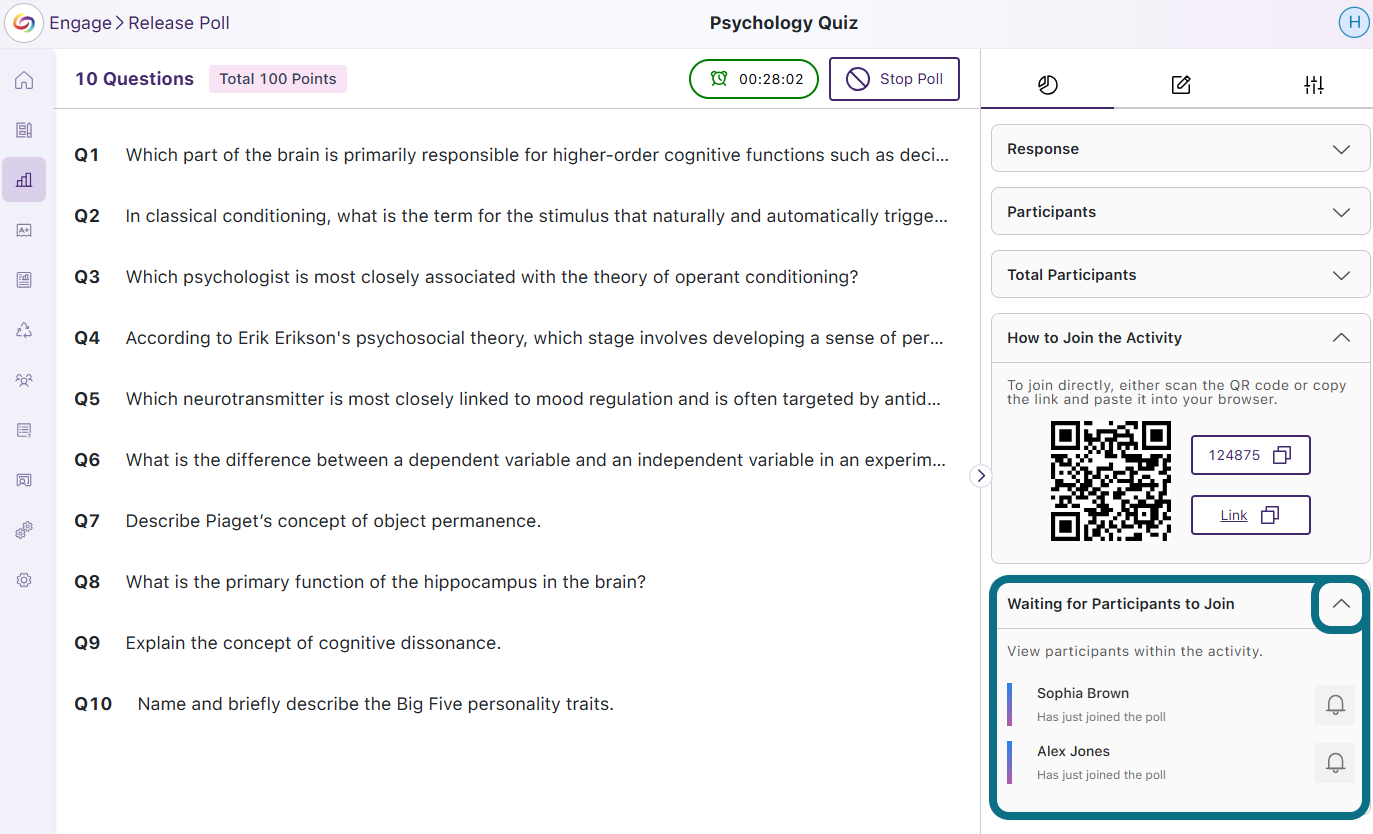 The Poll page in Engage highlighting the Analytics panel and Waiting for Participants to Join panel.