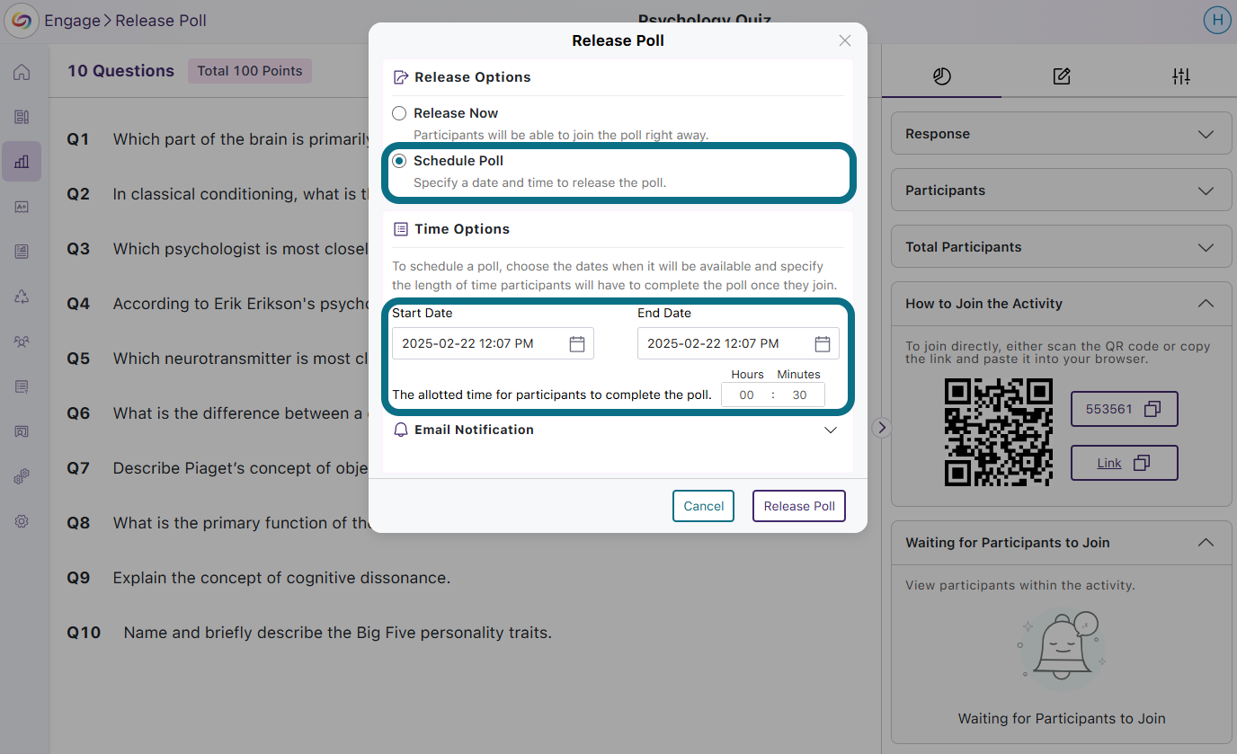 The Release Poll window highlighting the Schedule Poll option and the Time Options.