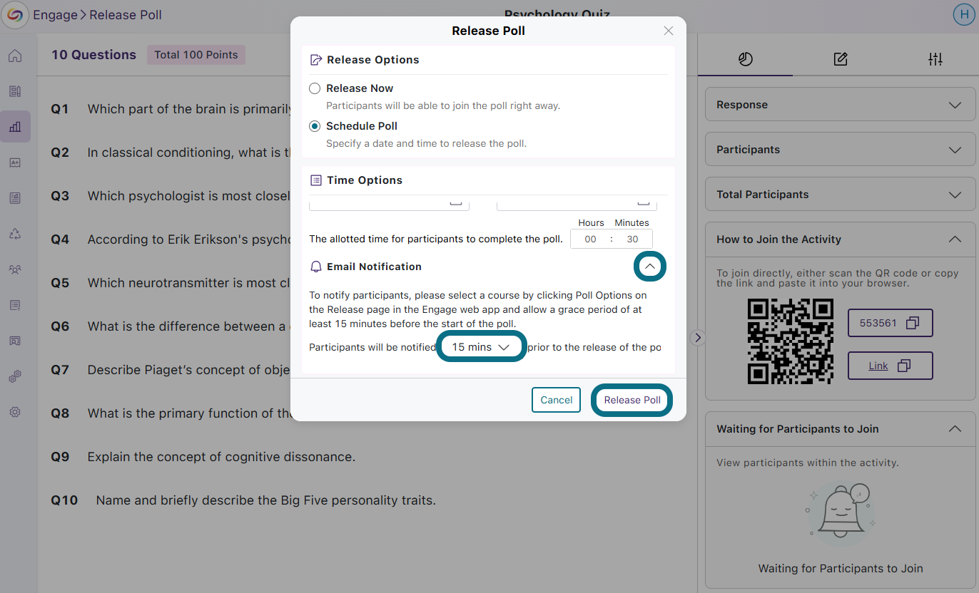 The Release Poll window highlighting the  Email notification drop-down menu.