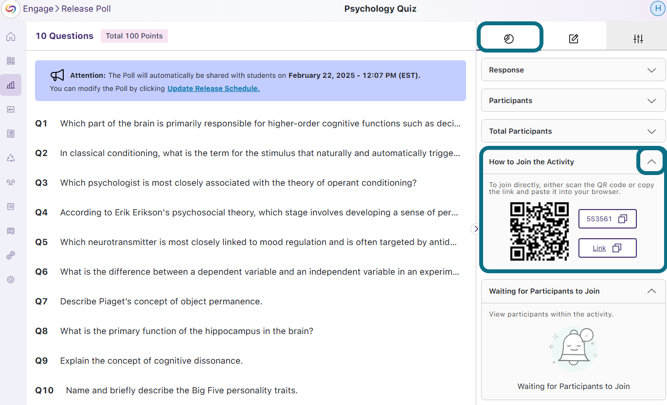 The Poll page in Engage highlighting the Analytics panel and How to Join the Activity drop-down menu.