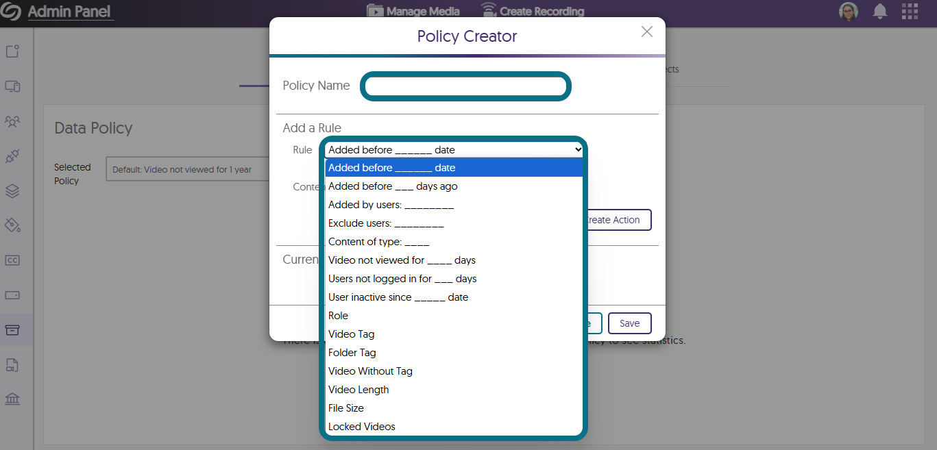 An image highlighting the Policy Name field and the Add a Rule field in the Policy Creator window.