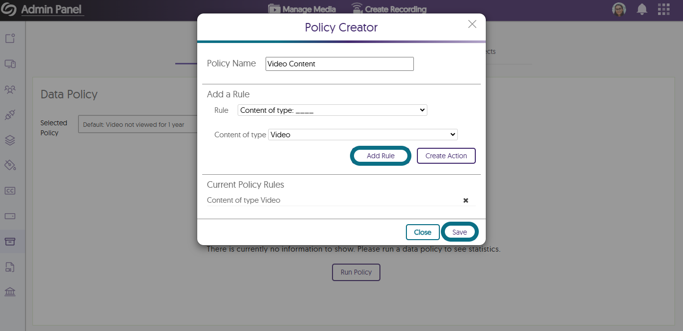 An image highlighting the Add Rule and Save button in YuJa Video Platform.