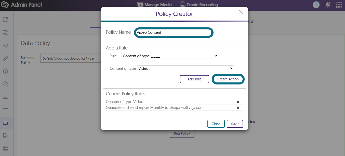 An image of the Policy Creator window highlighting the Policy Name and the Create Action button.