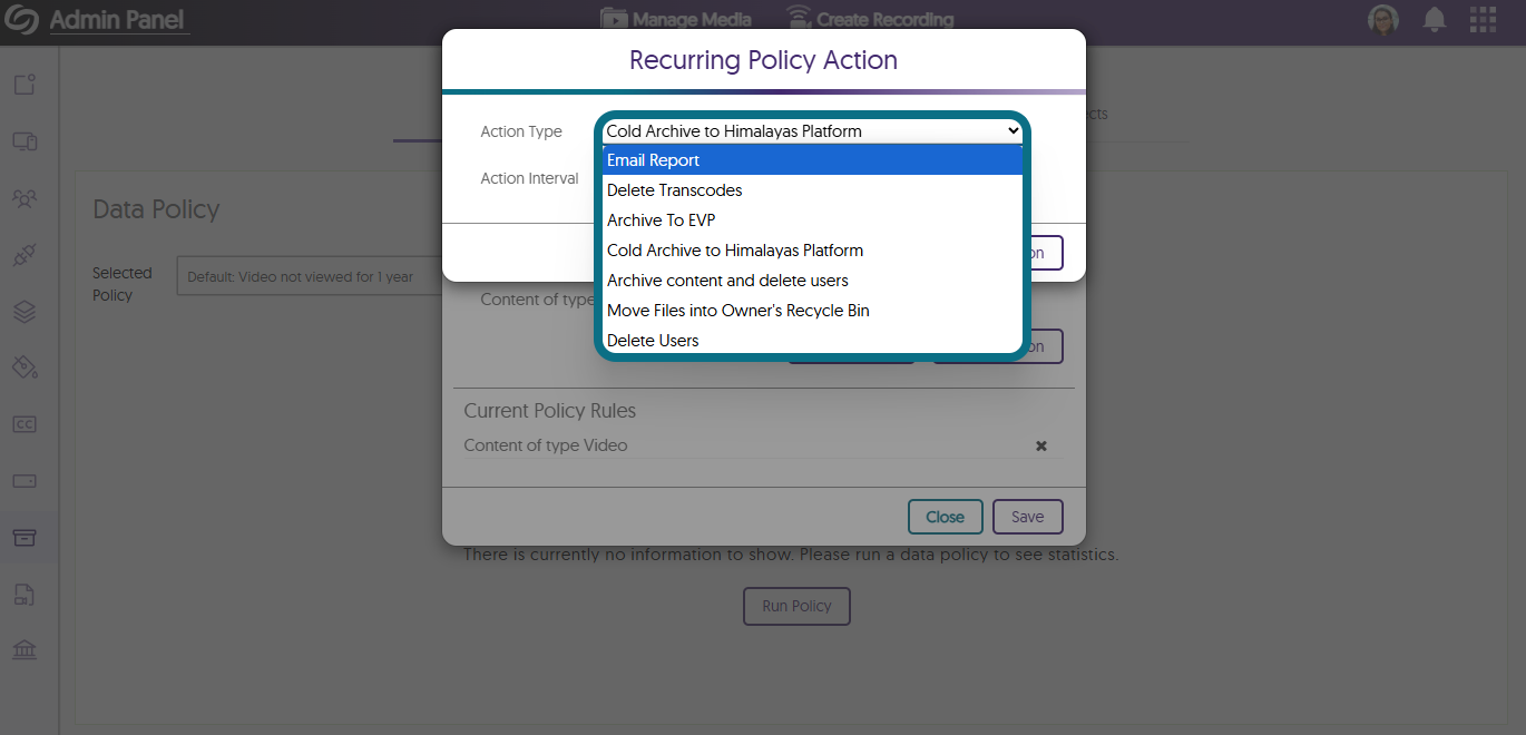 An image of the Recurring Policy Action window showing the Action Type options.