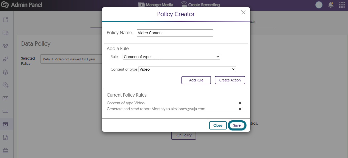An image of the Policy Creator window highlighting the Save button.