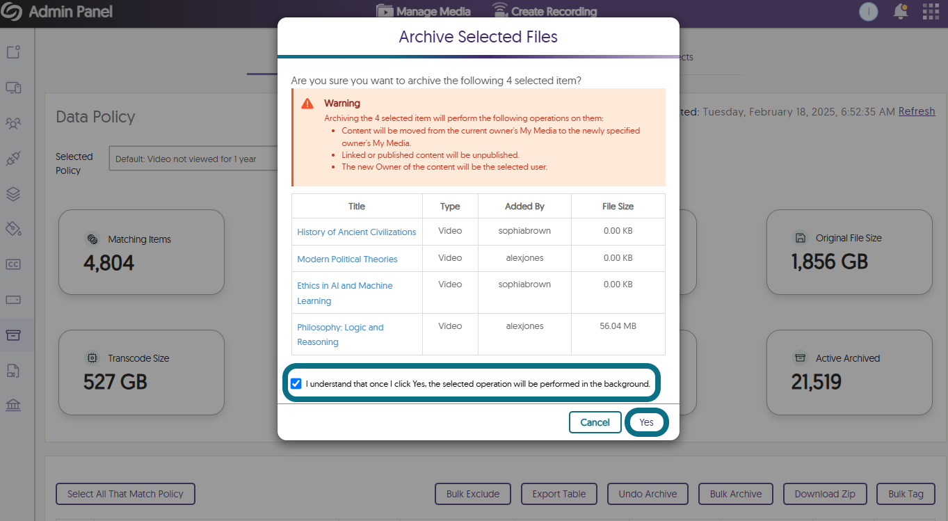 An image of the Archive Selected Files window highlighting the confirmation statement and the Yes button.