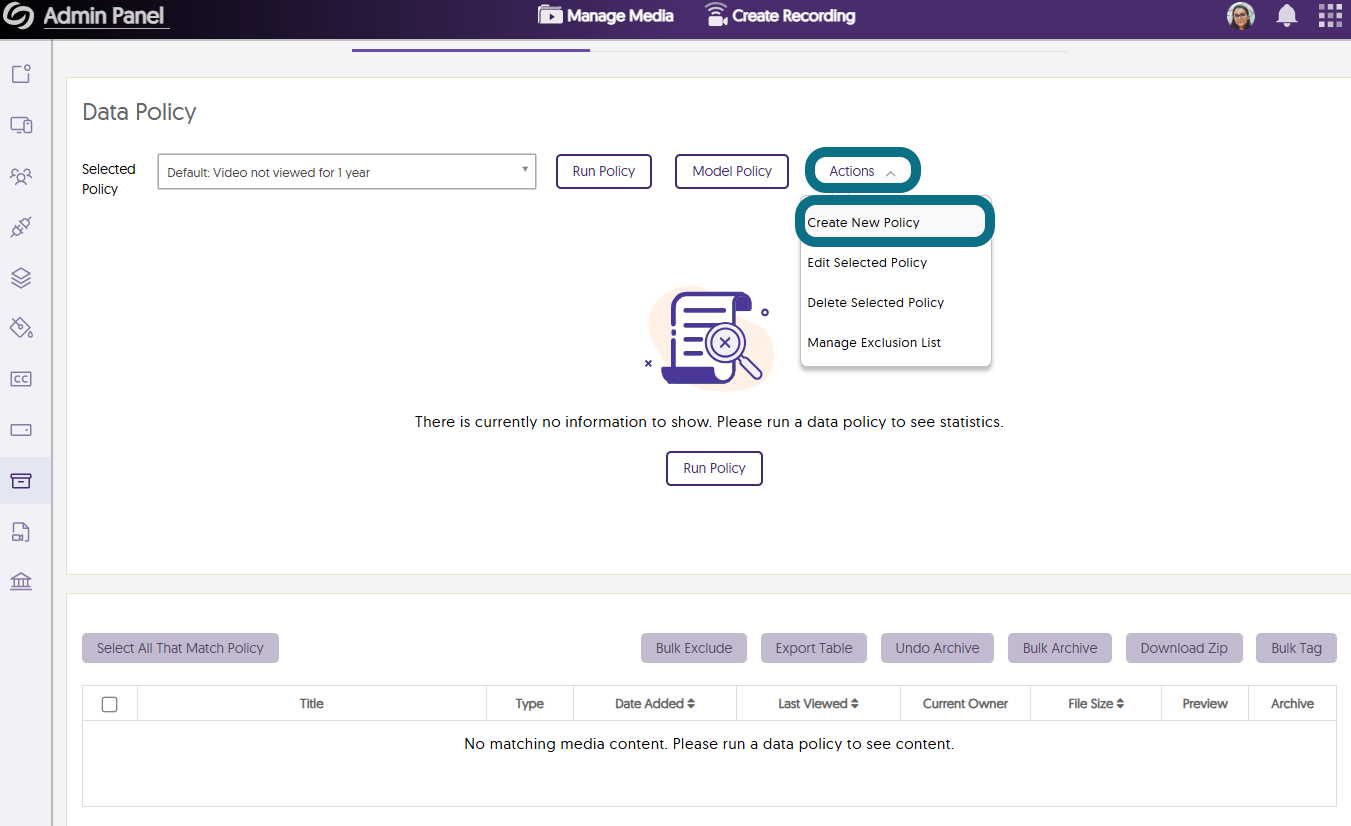 An image highlighting the Create New Policy and Actions button in YuJa Video Platform.
