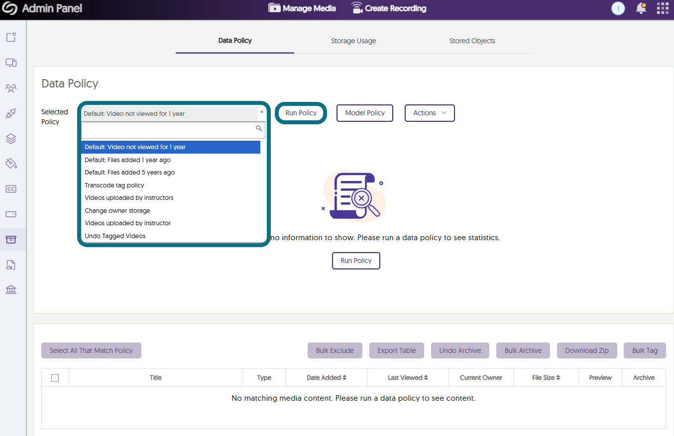 An image of the Data Policy page highlighting the policy options.