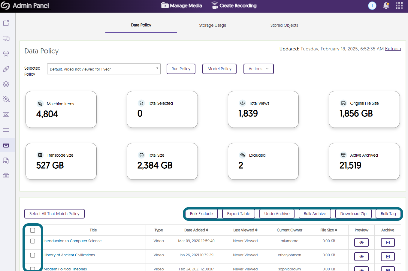 An image of the Data Policy page highlighting the available options.