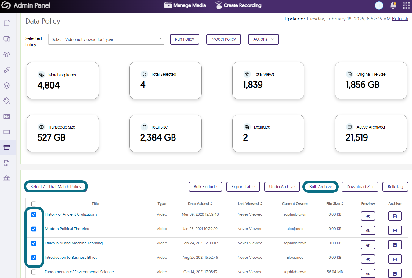 An image of the Data Policy page highlighting the selection of items, the Select All That Match Policy button, and the Bulk Archive button.
