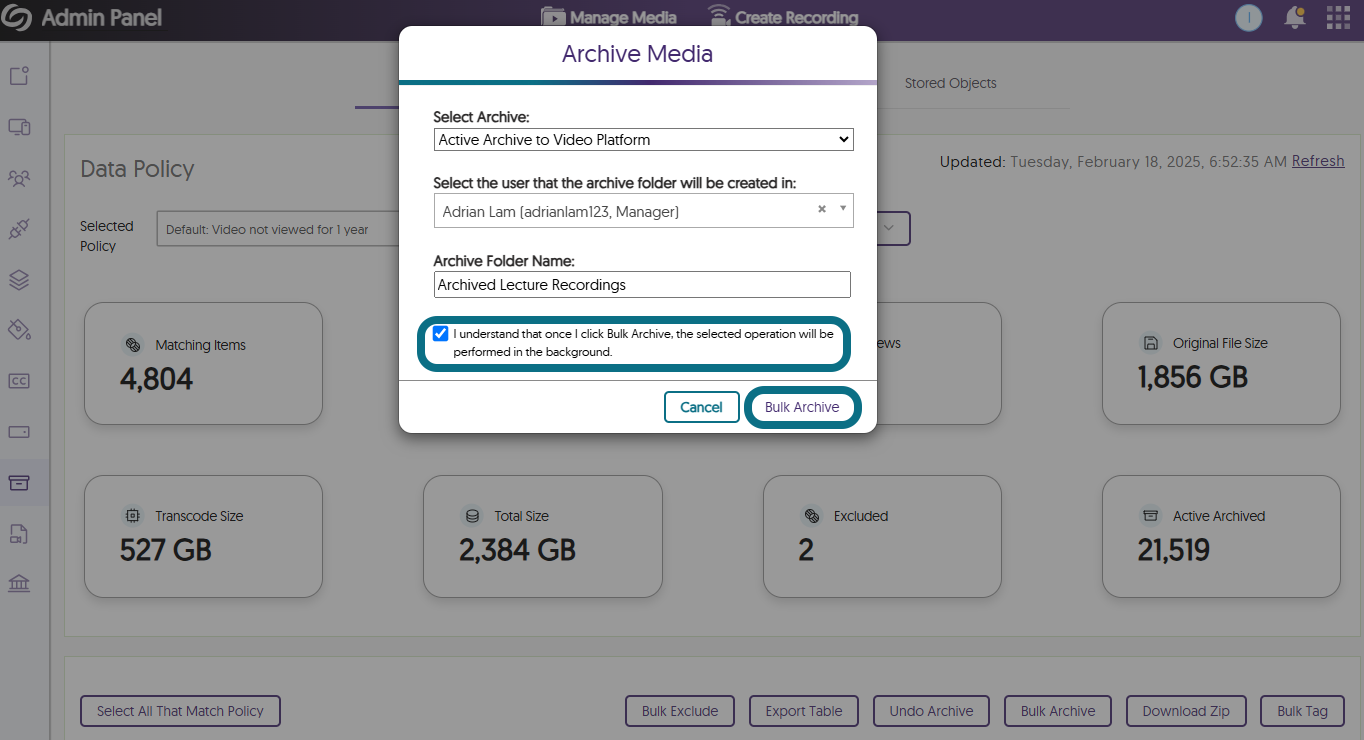 An image of the Archive Media window highlighting the confirmation statement and the Bulk Archive button.