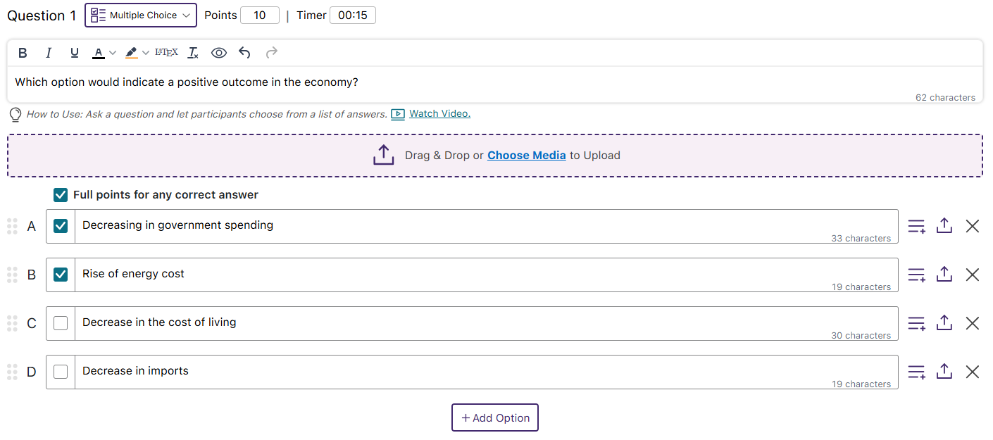 Multiple Choice Questions in Engage.