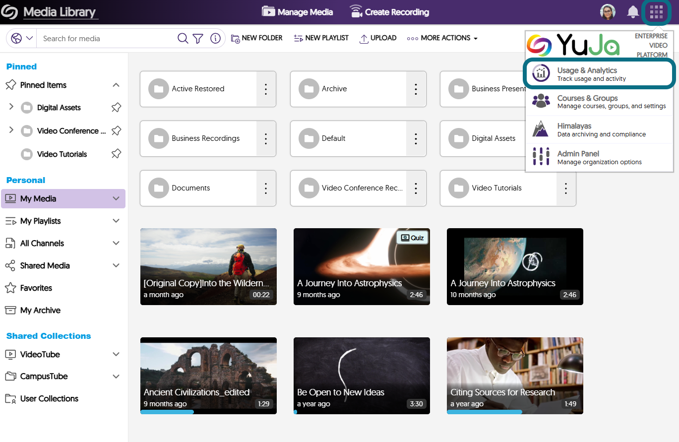 An image of the Video Platform highlighting the More Options and the Usage & Analytics button.