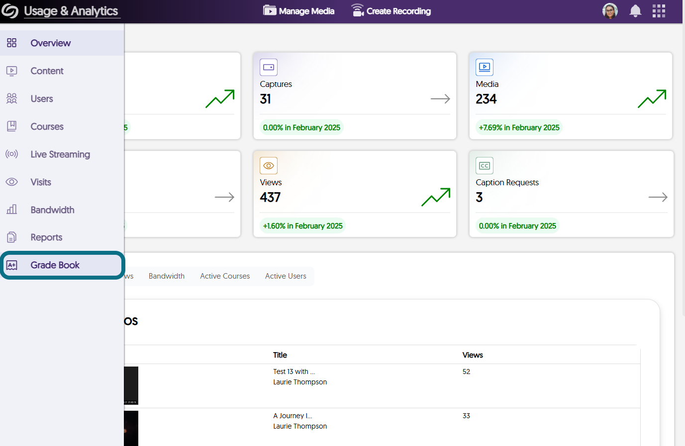 An image of the Video Platform highlighting the Grade Book option in the side panel.