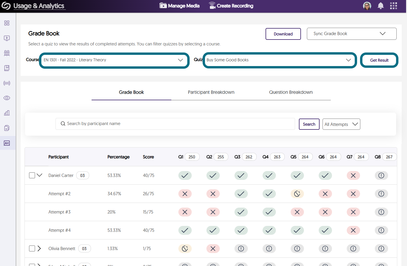 An image of the Video Platform highlighting the Course title, Quiz title and the Get Result button.