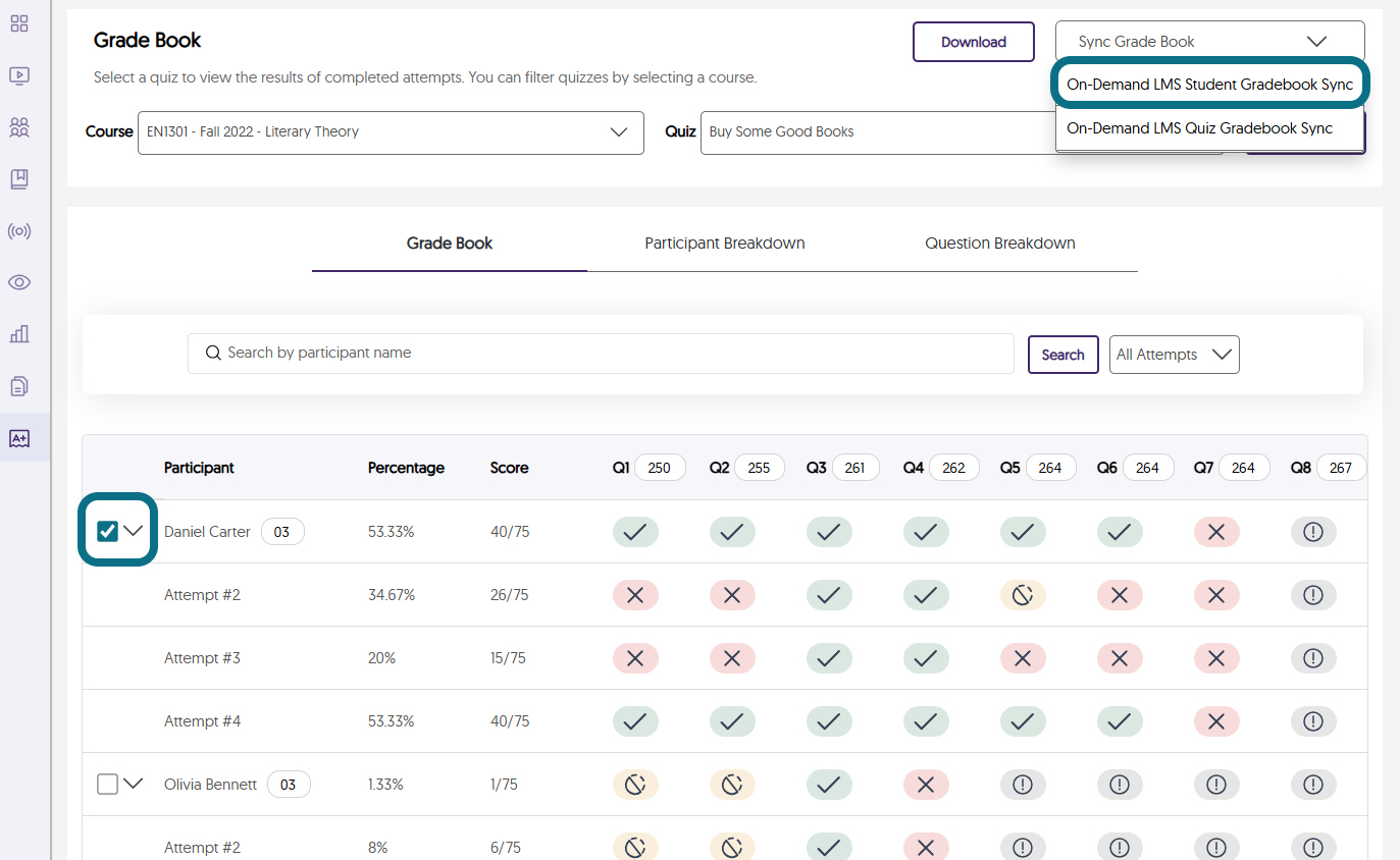An image of the Grade Book page highlighting the Sync Grade Book option, On-Demand LMS Student Gradebook Sync and the selection of student.
