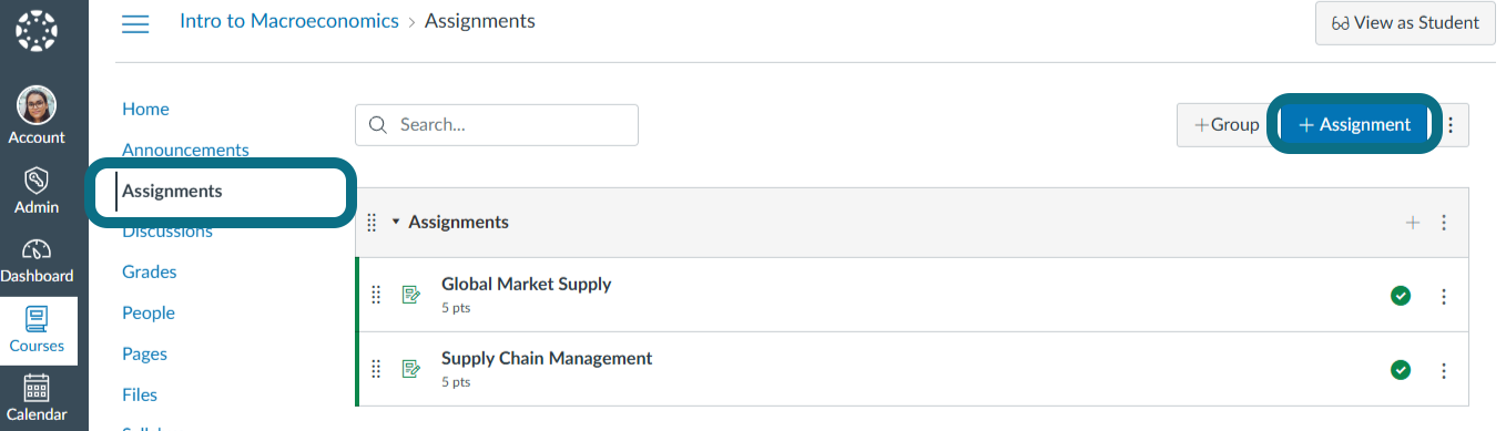 An image of Canvas course page highlighting the Assignment tab and +Assignment button.
