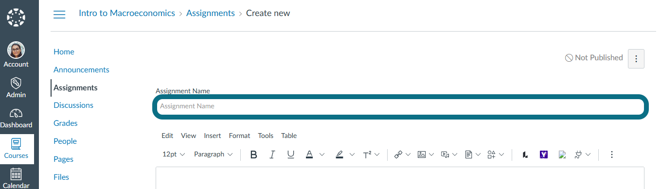 An image of Canvas Assignment page highlighting the Assignment name.
