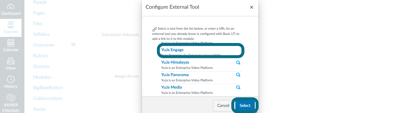 An image of the Configure External Tool window highlighting the YuJa Engage option and the Select button.