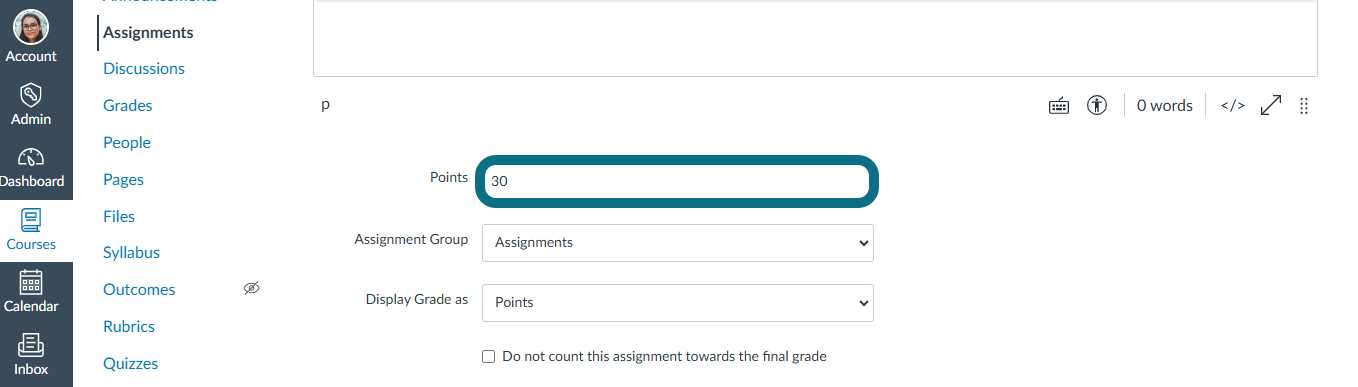 An image of Canvas Assignment page highlighting the Points.