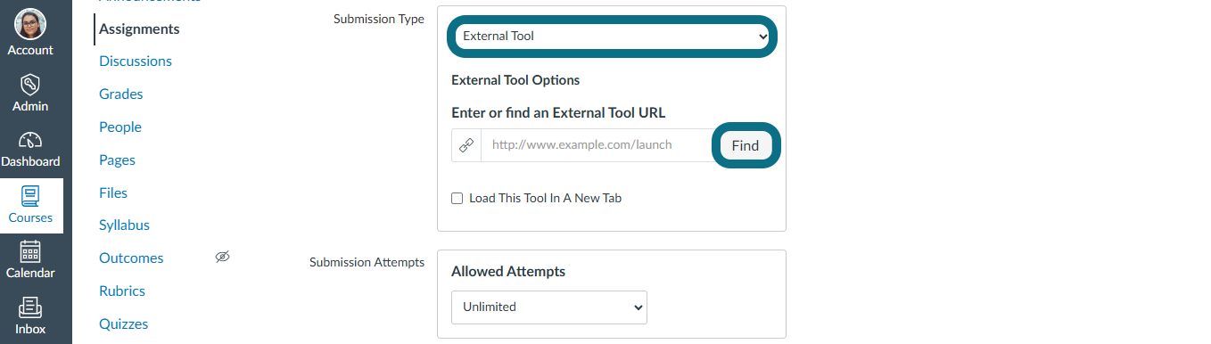 An image of Canvas Assignment page highlighting the External Tool and Find button.