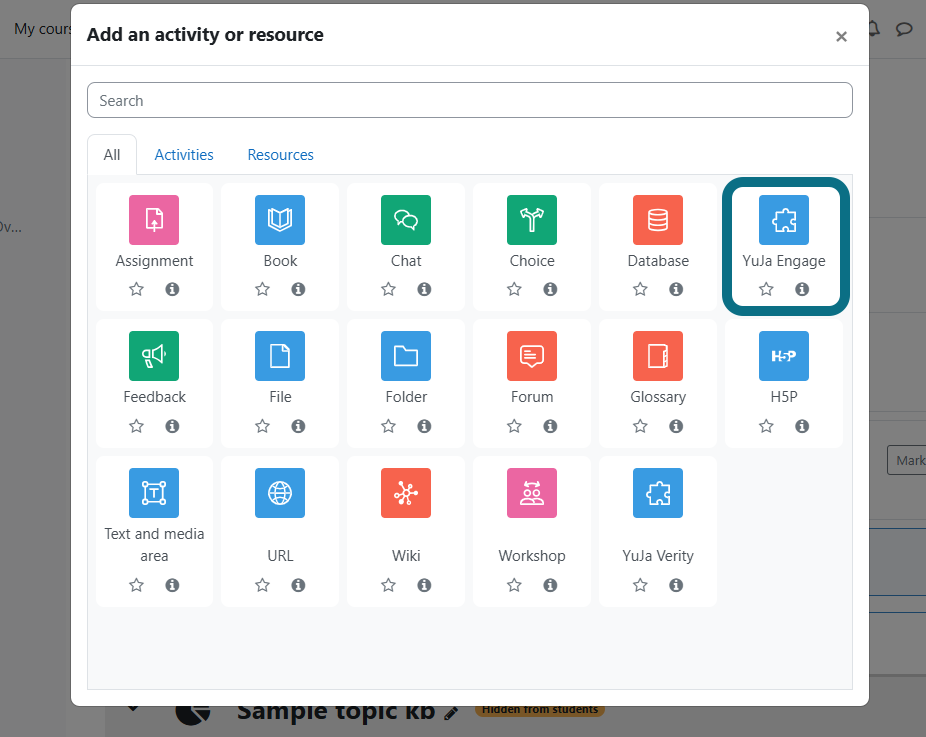 An image of the Add an activity or resource pop up window highlighting the YuJa Engage option.