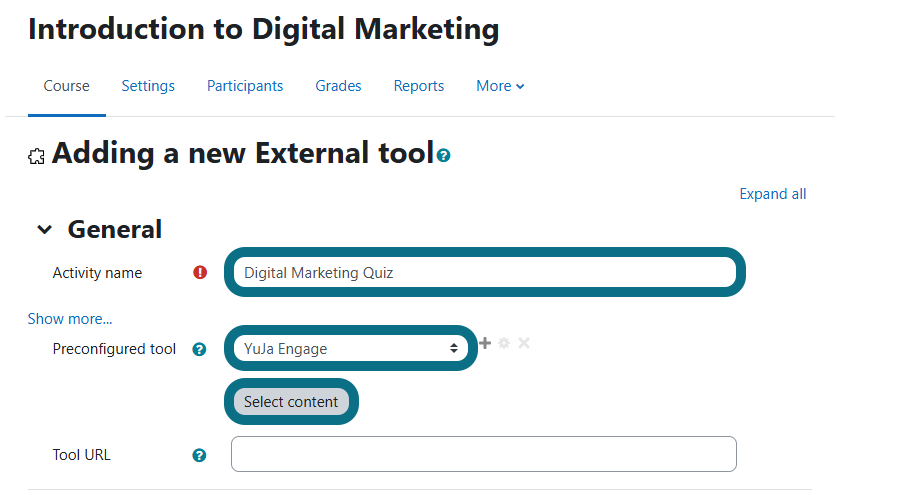 An image of the Moodle Course page highlighting the Activity Name, Preconfigured tool, and Select content button.